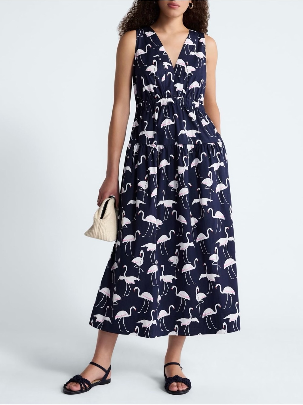 Navy Flamingo Print Sleeveless V-Neck Maxi Dress